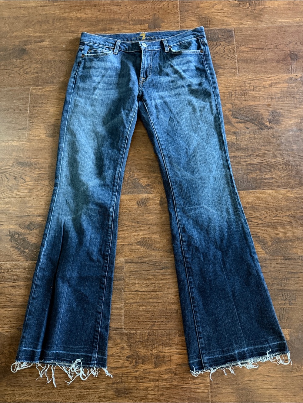 7 For All Mankind Dark Blue Flare Jeans with Frayed Hem NWOT